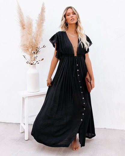 Lavisa - Women's Plunging V-Neck Button-Front Flutter-Sleeve Maxi Dress