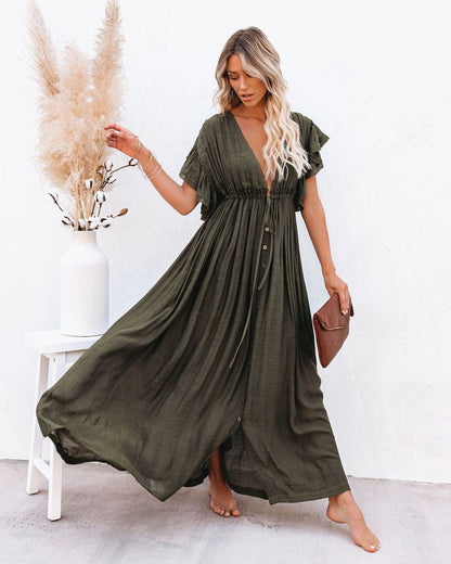 Lavisa - Women's Plunging V-Neck Button-Front Flutter-Sleeve Maxi Dress