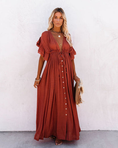 Lavisa - Women's Plunging V-Neck Button-Front Flutter-Sleeve Maxi Dress