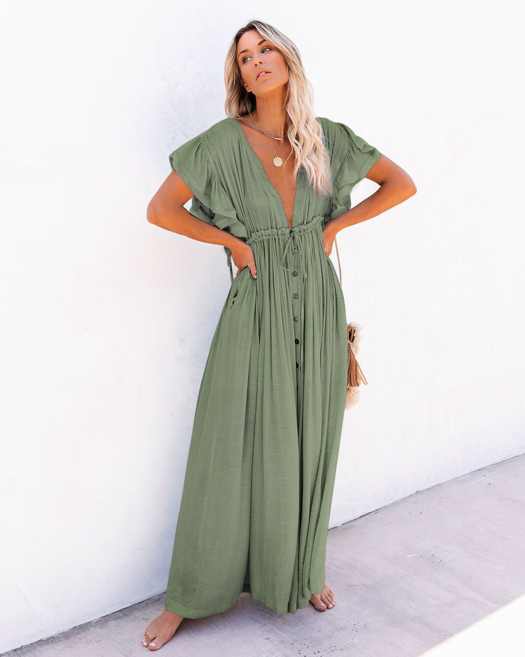 Lavisa - Women's Plunging V-Neck Button-Front Flutter-Sleeve Maxi Dress
