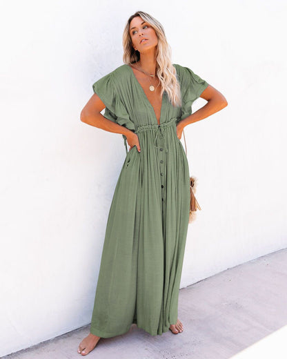 Lavisa - Women's Plunging V-Neck Button-Front Flutter-Sleeve Maxi Dress