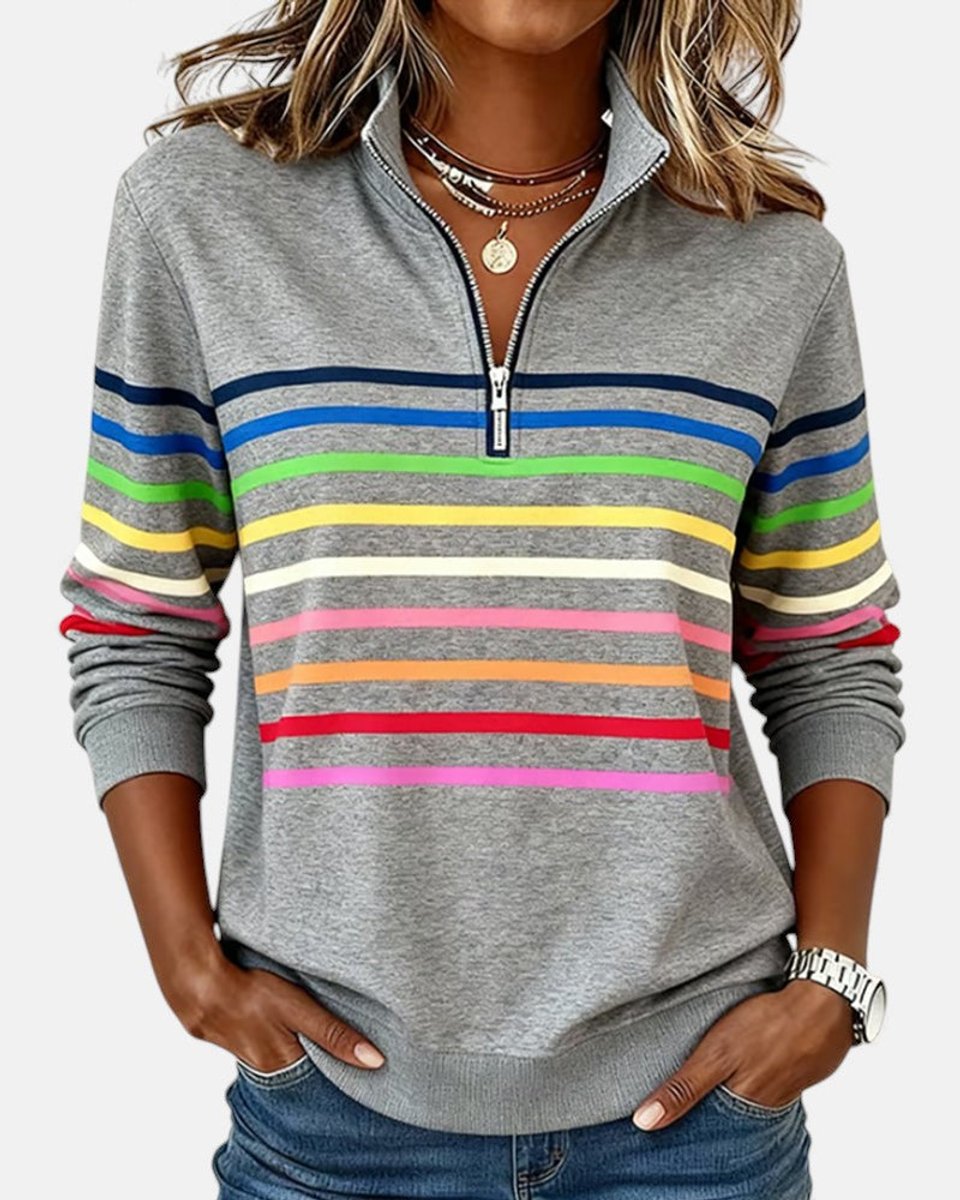 Women's Quarter Zip Jumper Striped Rainbow Relaxed Fit - Front View | Lavisa