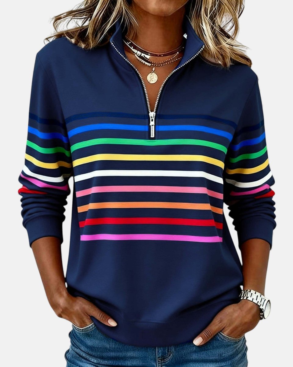 Women's Quarter Zip Jumper Striped Rainbow Relaxed Fit - Side Angle | Lavisa