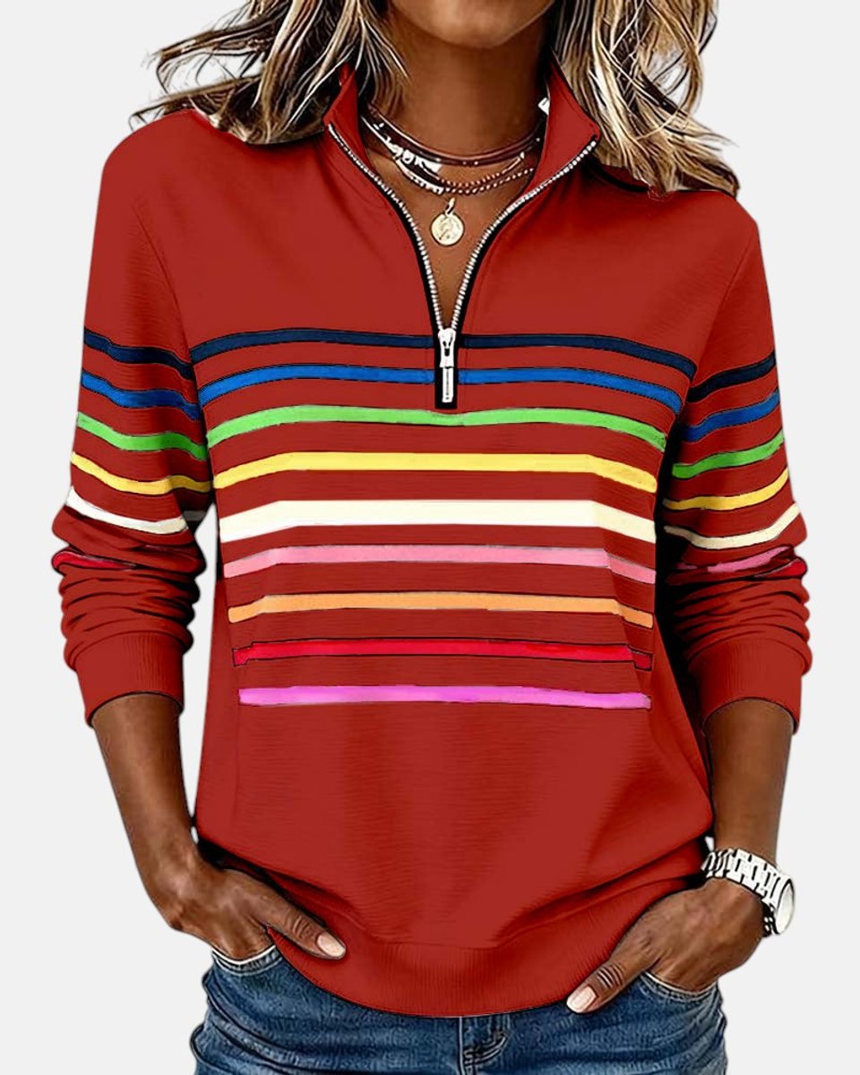 Women's Quarter Zip Jumper Striped Rainbow Relaxed Fit - Close-Up Texture & Detail | Lavisa