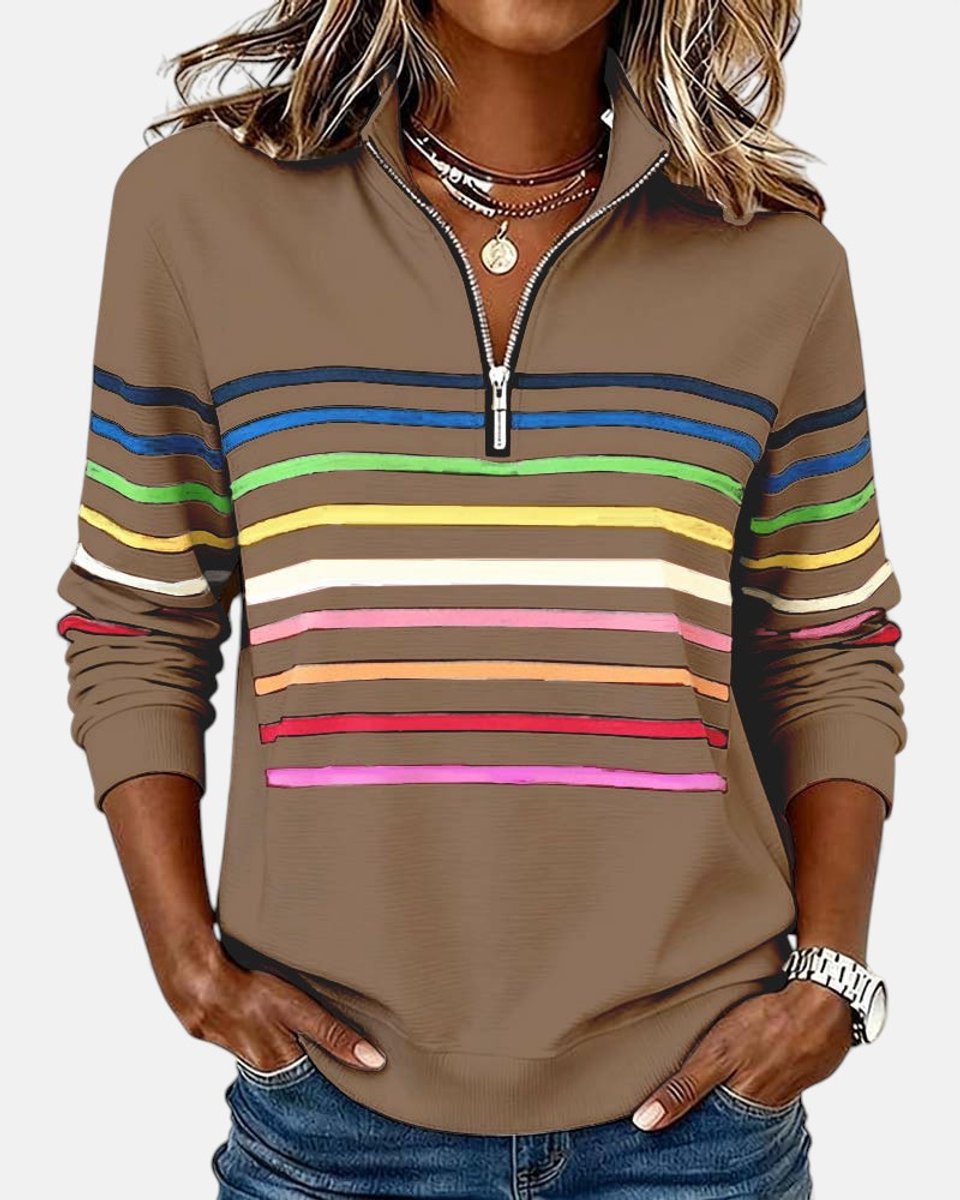 Women's Quarter Zip Jumper Striped Rainbow Relaxed Fit - Sole & Material View | Lavisa