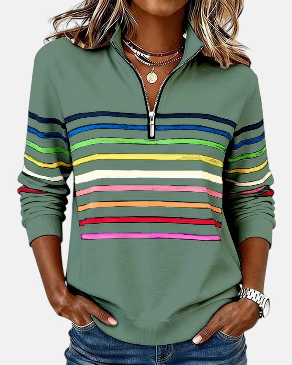 Women's Quarter Zip Jumper Striped Rainbow Relaxed Fit - Lifestyle & Model Angle | Lavisa
