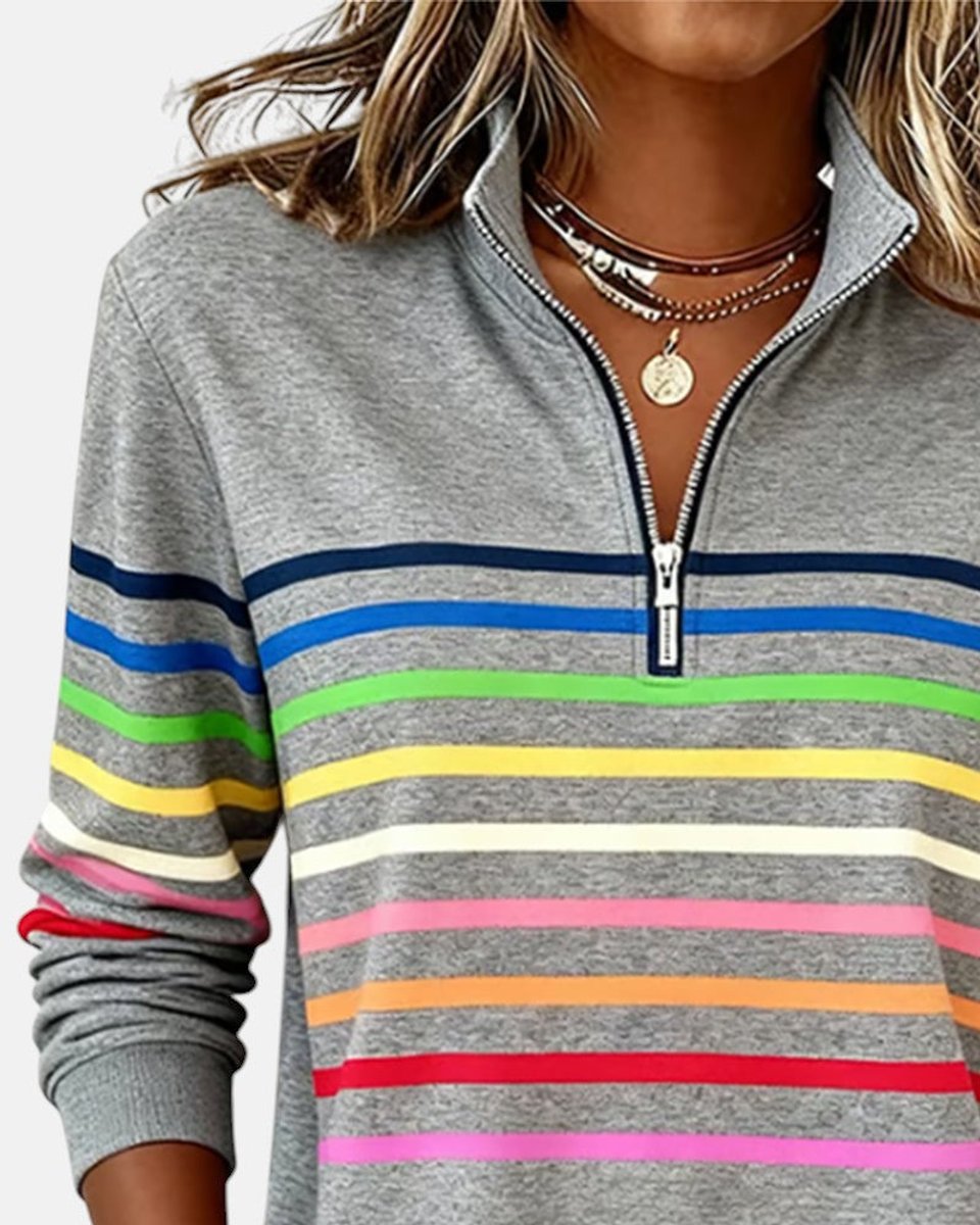 Women's Quarter Zip Jumper Striped Rainbow Relaxed Fit - Variant Angle | Lavisa
