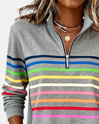 Women's Quarter Zip Jumper Striped Rainbow Relaxed Fit - Variant Angle | Lavisa
