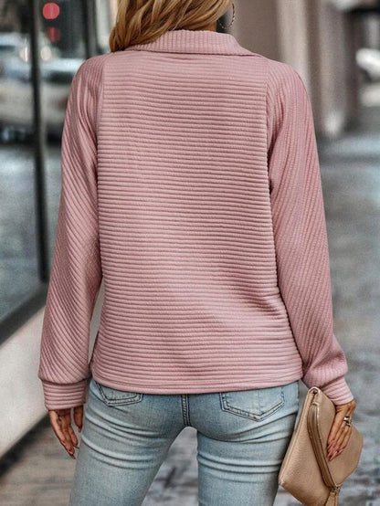 Women's Quarter-Zip Ribbed Pullover Sweater Mock Neck Long Sleeve - Lifestyle & Model Angle | Lavisa