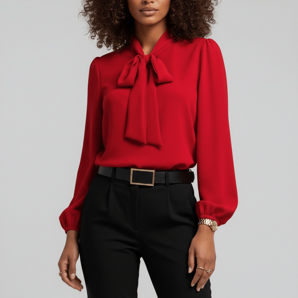 Women's Relaxed-Fit Bow-Tie Neck Long-Sleeve Blouse - Front View | Lavisa