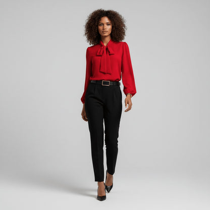 Women's Relaxed-Fit Bow-Tie Neck Long-Sleeve Blouse - Side Angle | Lavisa