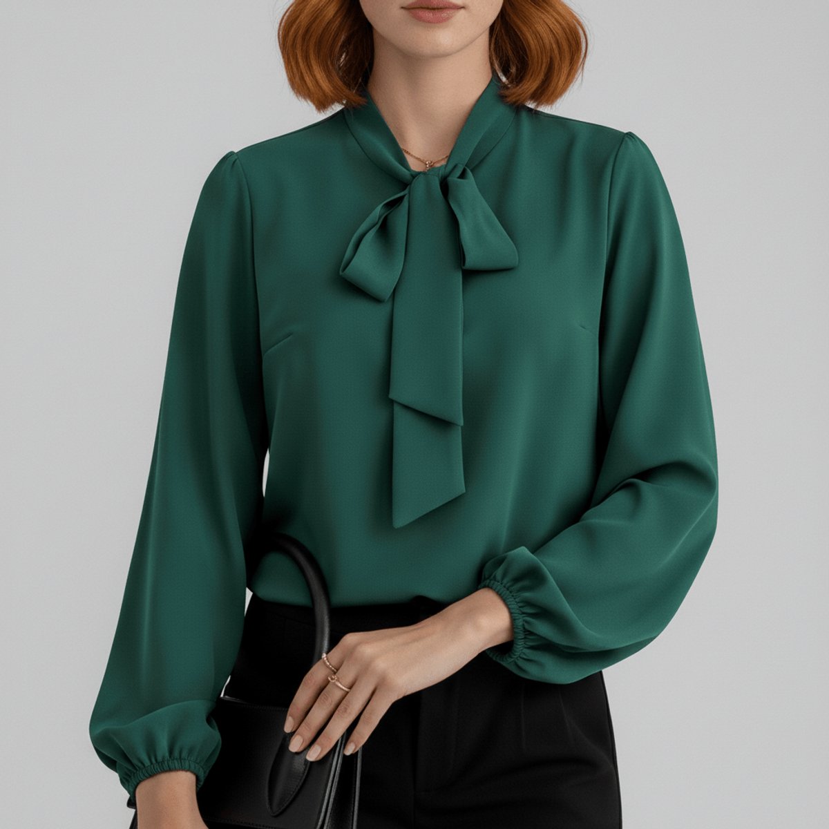 Women's Relaxed-Fit Bow-Tie Neck Long-Sleeve Blouse - Close-Up Texture & Detail | Lavisa