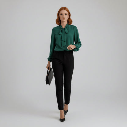 Women's Relaxed-Fit Bow-Tie Neck Long-Sleeve Blouse - Sole & Material View | Lavisa