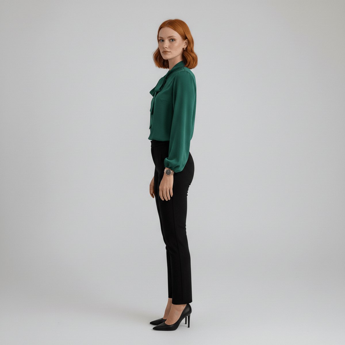 Women's Relaxed-Fit Bow-Tie Neck Long-Sleeve Blouse - Lifestyle & Model Angle | Lavisa