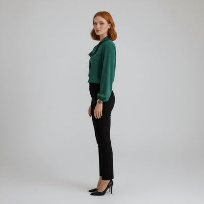Women's Relaxed-Fit Bow-Tie Neck Long-Sleeve Blouse - Lifestyle & Model Angle | Lavisa