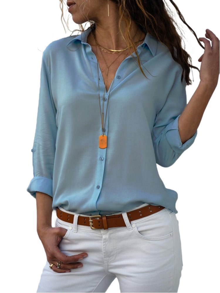 Women's Relaxed-Fit Button-Down Roll-Sleeve Blouse - Front View | Lavisa