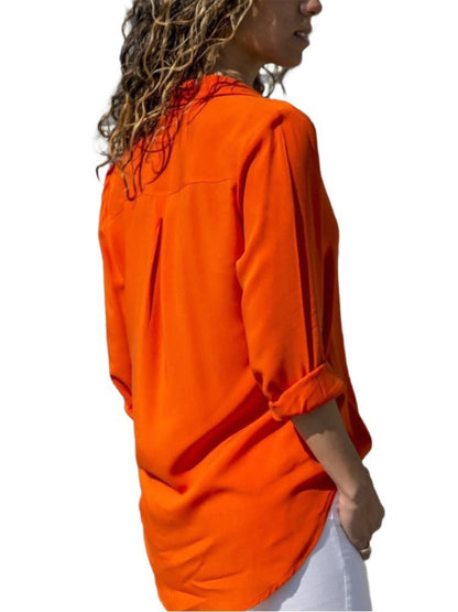Women's Relaxed-Fit Button-Down Roll-Sleeve Blouse - Side Angle | Lavisa
