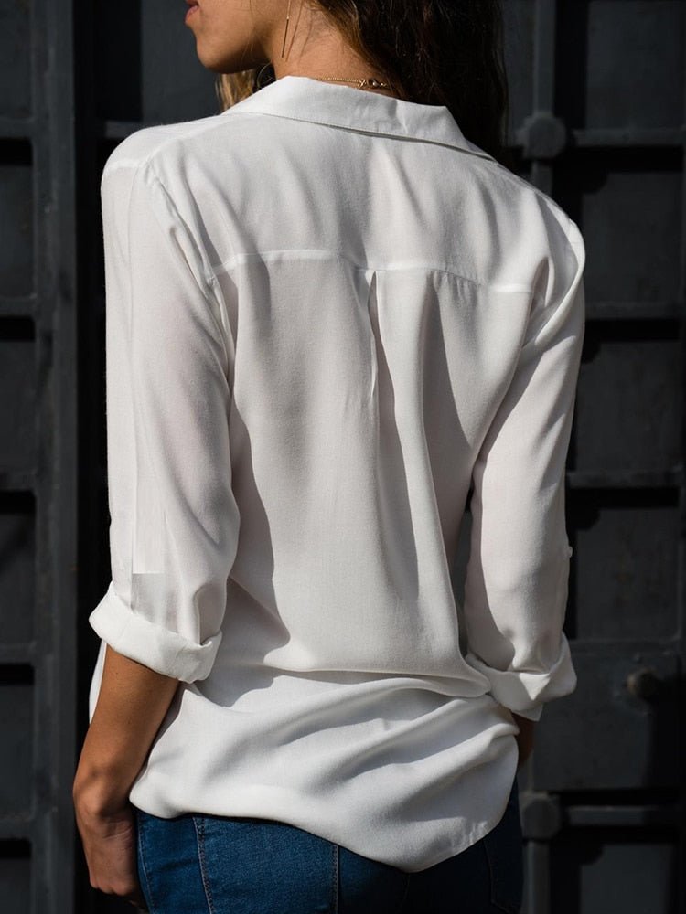 Women's Relaxed-Fit Button-Down Roll-Sleeve Blouse - Sole & Material View | Lavisa