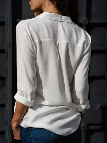Women's Relaxed-Fit Button-Down Roll-Sleeve Blouse - Sole & Material View | Lavisa