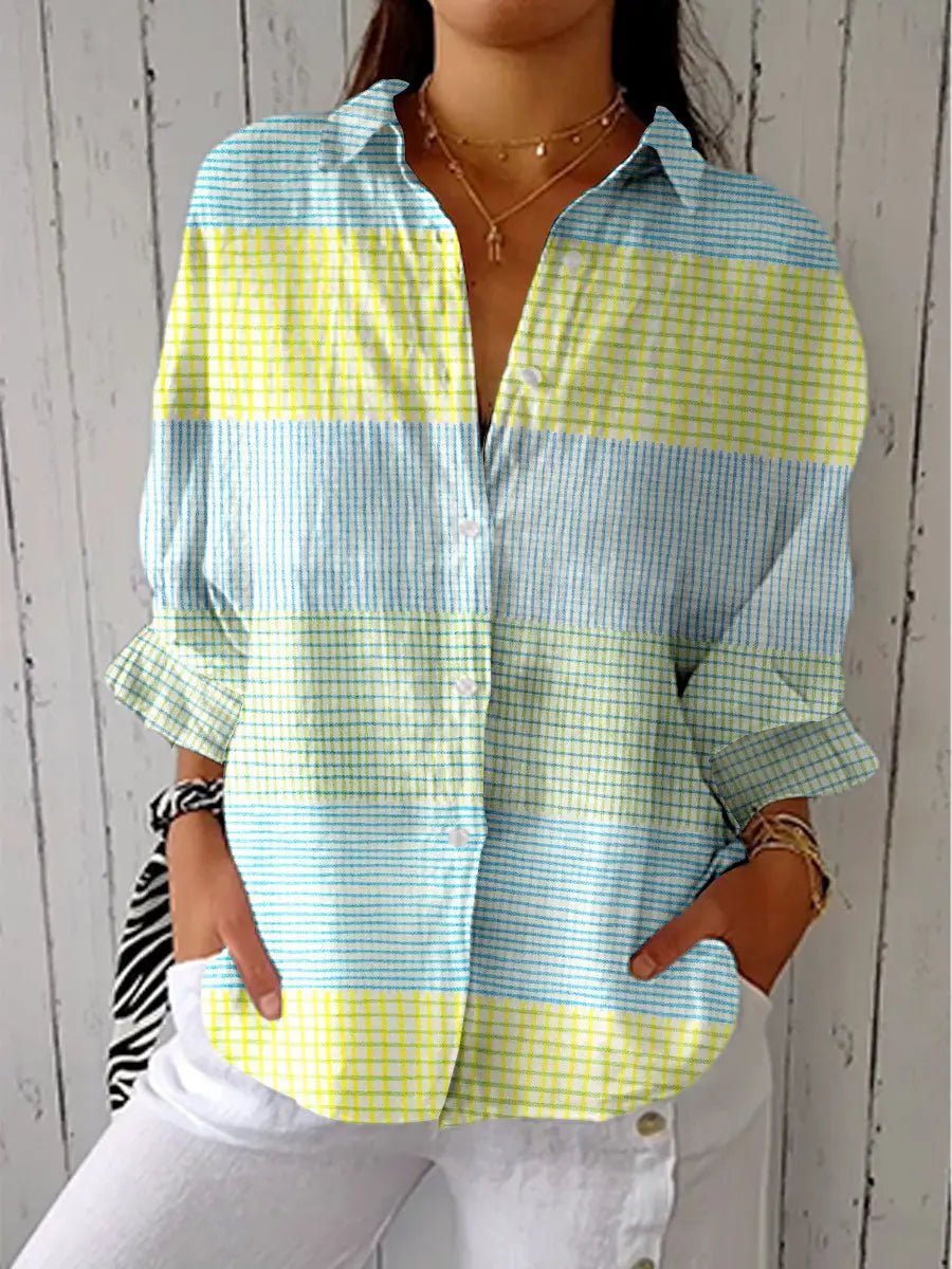 Women's Relaxed-Fit Button-Front Pastel Grid Blouse | Lavisa
