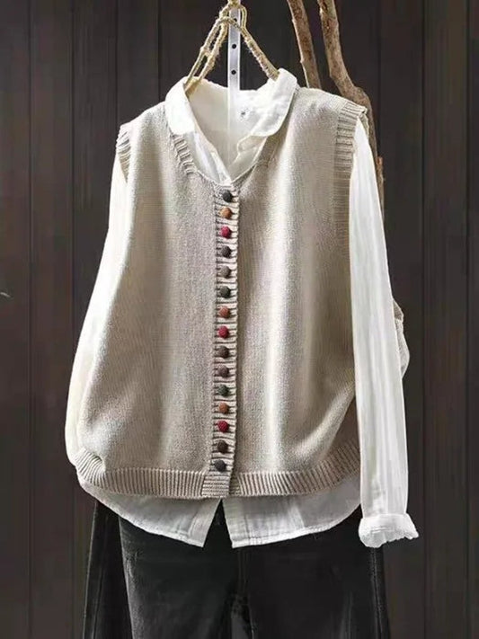 Relaxed Fit Button Up Knit Sleeveless Vest - Front View | Lavisa