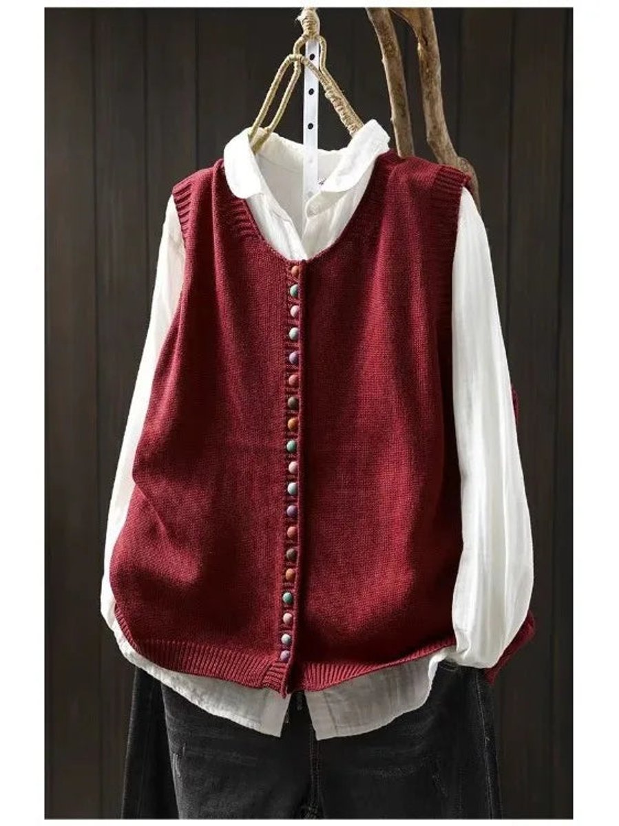 Relaxed Fit Button Up Knit Sleeveless Vest - Side Angle | Lavisa