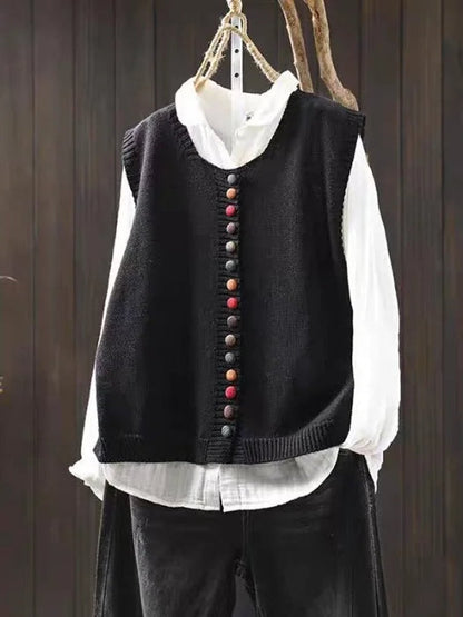 Relaxed Fit Button Up Knit Sleeveless Vest - Back View | Lavisa