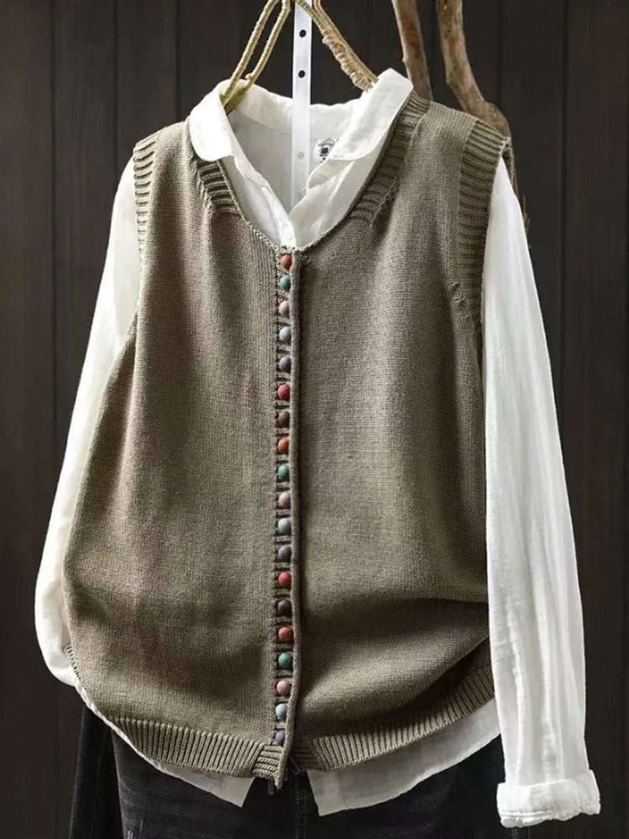 Relaxed Fit Button Up Knit Sleeveless Vest - Close-Up Texture & Detail | Lavisa
