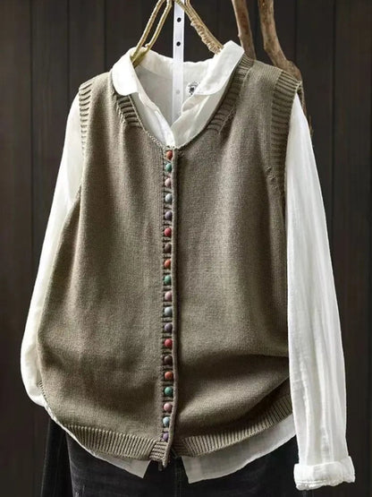 Relaxed Fit Button Up Knit Sleeveless Vest - Close-Up Texture & Detail | Lavisa