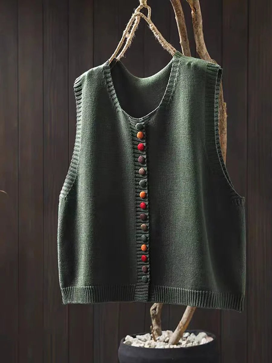 Relaxed Fit Button Up Knit Sleeveless Vest - Sole & Material View | Lavisa