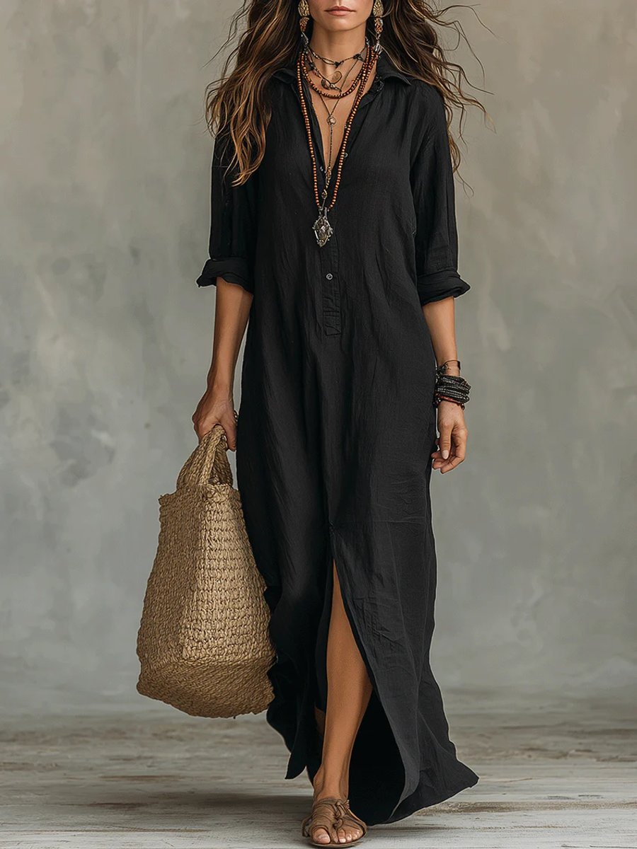 Relaxed Fit Button Up Maxi Shirt Dress - Side Angle | Lavisa
