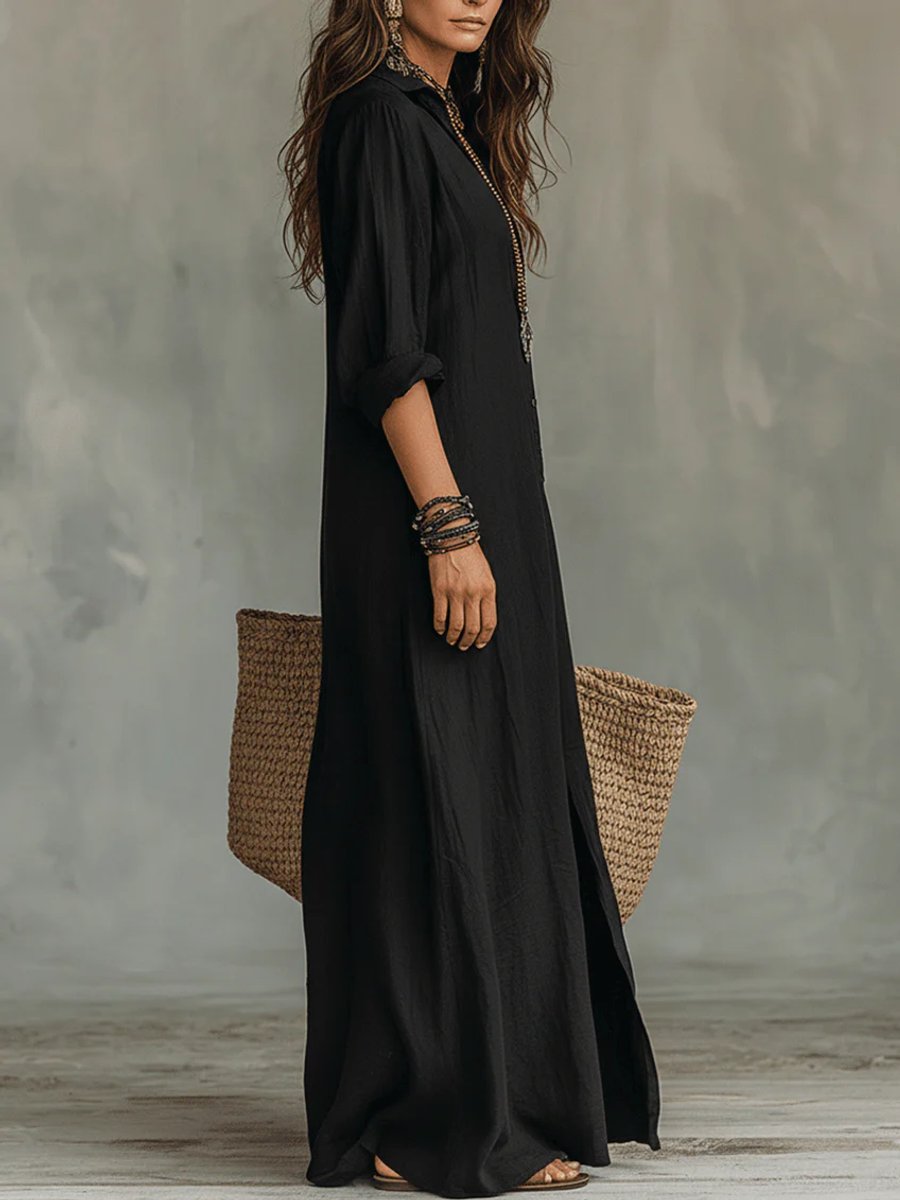 Relaxed Fit Button Up Maxi Shirt Dress - Back View | Lavisa