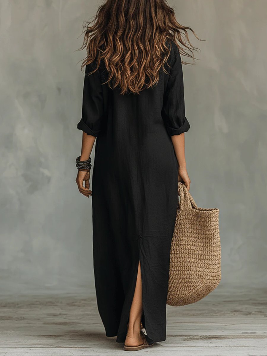 Relaxed Fit Button Up Maxi Shirt Dress - Close-Up Texture & Detail | Lavisa
