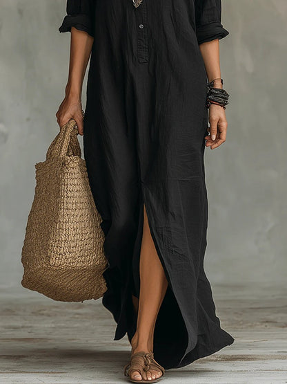 Relaxed Fit Button Up Maxi Shirt Dress - Lifestyle & Model Angle | Lavisa