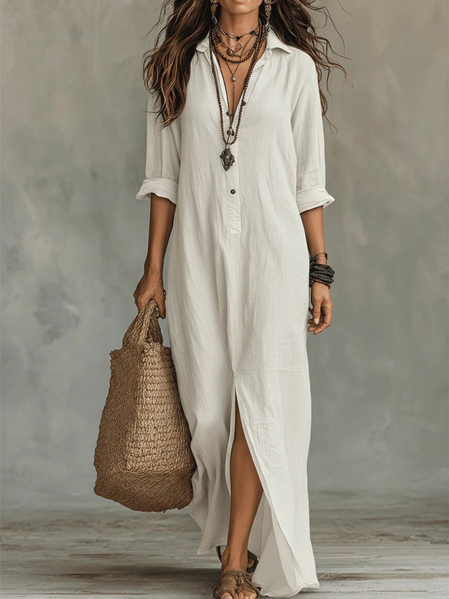 Relaxed Fit Button Up Maxi Shirt Dress - Front View | Lavisa