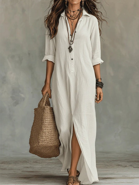 Relaxed Fit Button Up Maxi Shirt Dress - Front View | Lavisa
