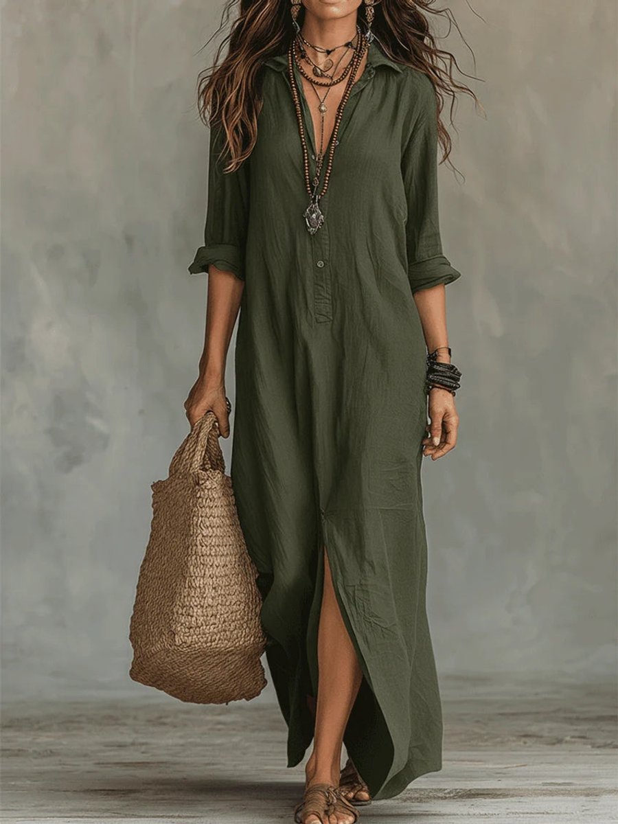 Relaxed Fit Button Up Maxi Shirt Dress - Variant Angle | Lavisa