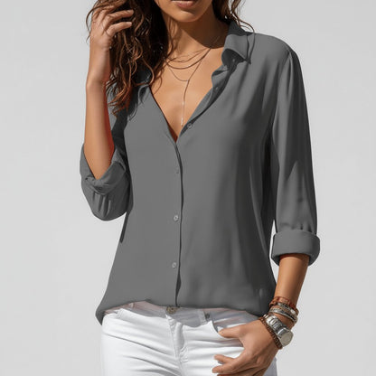 Women's Relaxed-Fit Button-Up Long-Sleeve Shirt-Collar Blouse - Front View | Lavisa