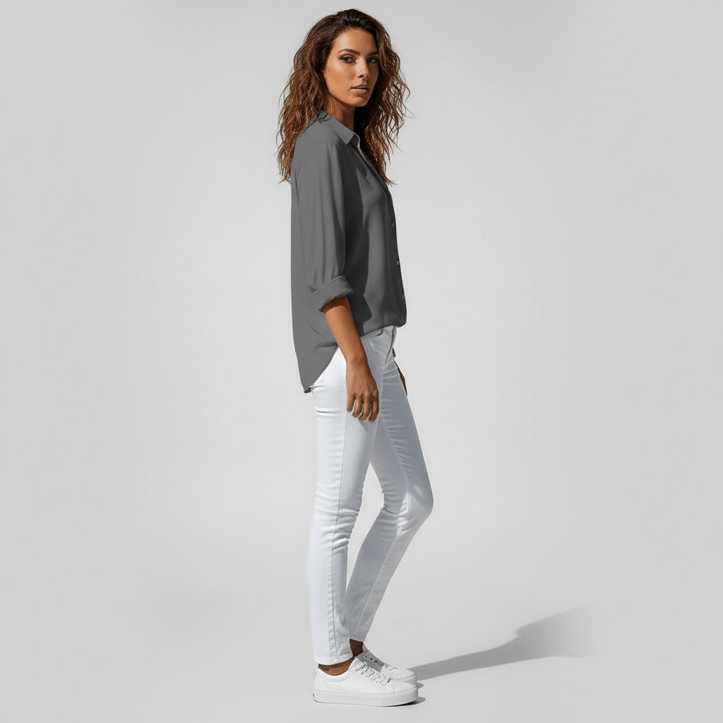 Women's Relaxed-Fit Button-Up Long-Sleeve Shirt-Collar Blouse - Back View | Lavisa