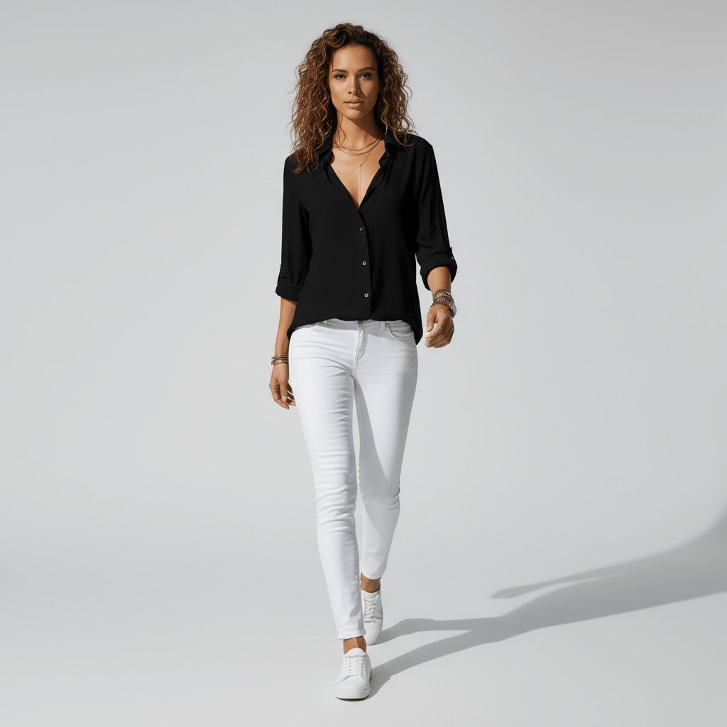 Women's Relaxed-Fit Button-Up Long-Sleeve Shirt-Collar Blouse - Sole & Material View | Lavisa