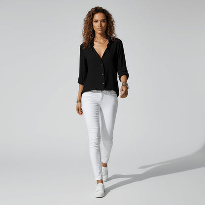 Women's Relaxed-Fit Button-Up Long-Sleeve Shirt-Collar Blouse - Sole & Material View | Lavisa