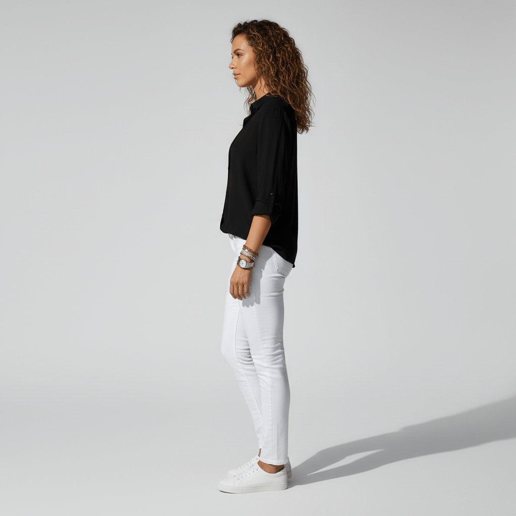 Women's Relaxed-Fit Button-Up Long-Sleeve Shirt-Collar Blouse - Lifestyle & Model Angle | Lavisa