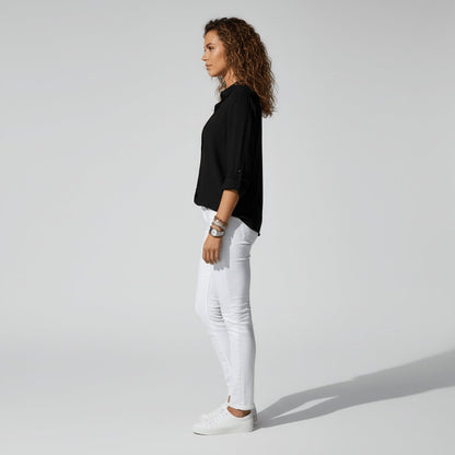 Women's Relaxed-Fit Button-Up Long-Sleeve Shirt-Collar Blouse - Lifestyle & Model Angle | Lavisa