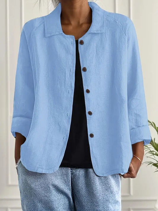 Women's Relaxed-Fit Collared Button-Front Long-Sleeve Shirt Jacket - Front View | Lavisa