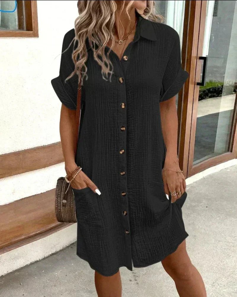 Lavisa - Women's Relaxed-Fit Cotton Linen Button-Down Shirt Dress Pockets