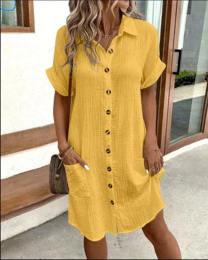 Lavisa - Women's Relaxed-Fit Cotton Linen Button-Down Shirt Dress Pockets