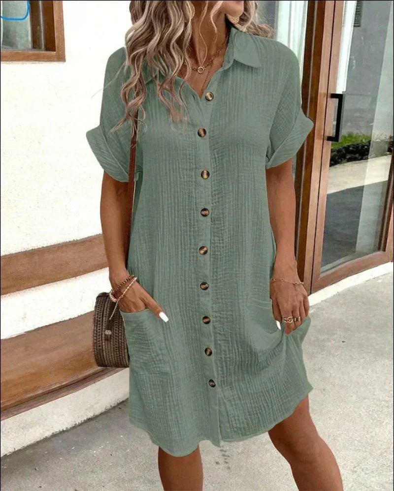 Lavisa - Women's Relaxed-Fit Cotton Linen Button-Down Shirt Dress Pockets
