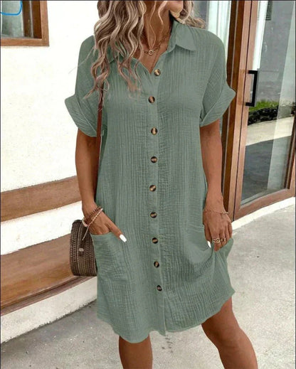 Lavisa - Women's Relaxed-Fit Cotton Linen Button-Down Shirt Dress Pockets
