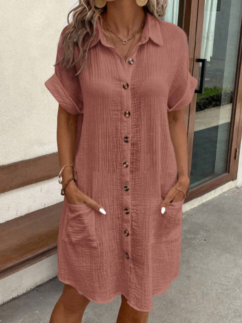 Lavisa - Women's Relaxed-Fit Cotton Linen Button-Down Shirt Dress Pockets