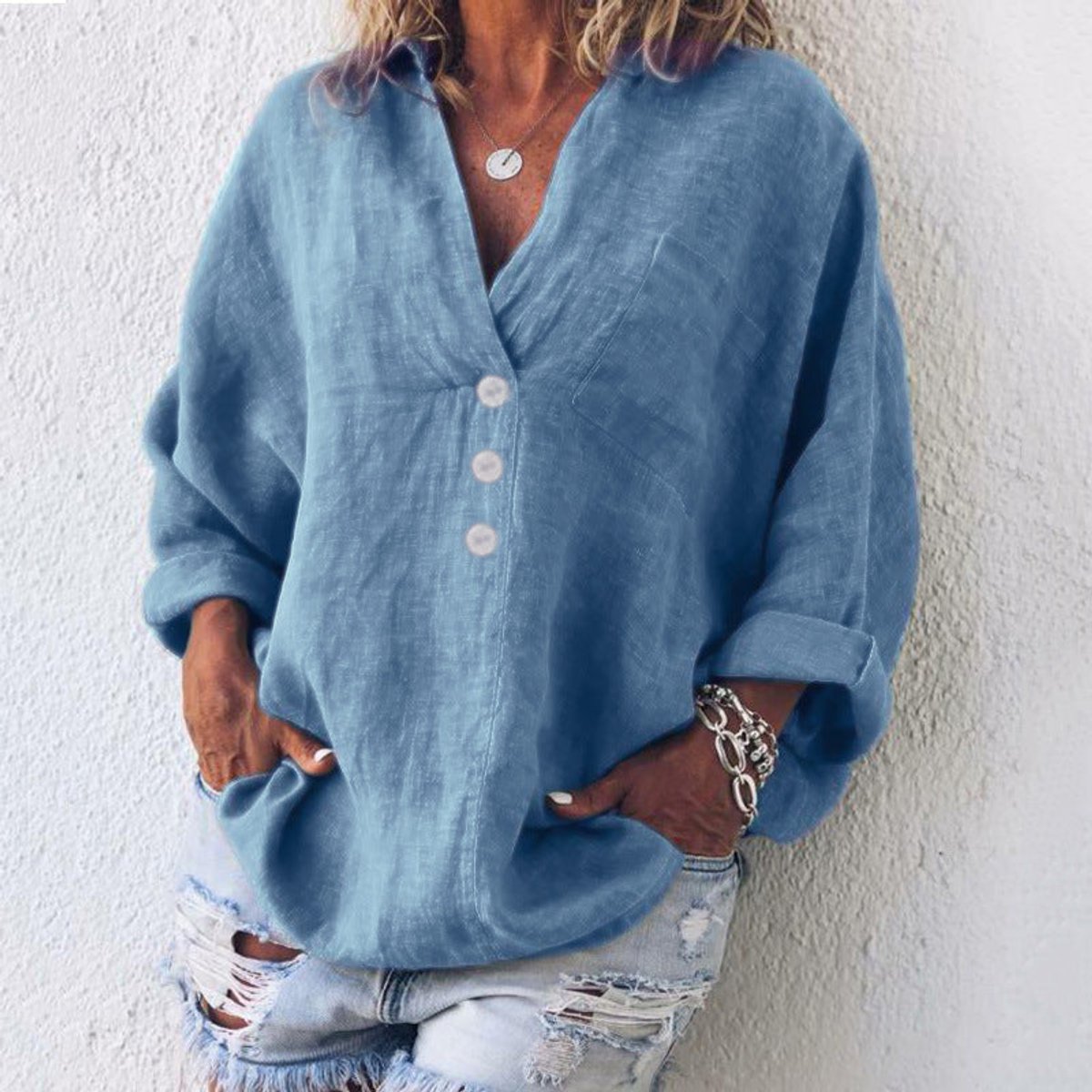 Lavisa - Women's Relaxed-Fit Cotton Linen Button-Up Sweater Shirt